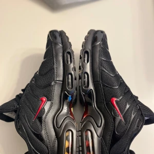 Svarta Nike Air max plus Tn  - Säljer ett par svarta Nike Air max plus Tn mycket bra skick.  Storlek är 45 men om d har 44 den passar dig. Om du vill snackar om  priset kom privat😁