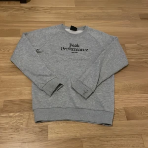 Grå tröja från Peak Performance - Säljer en grå tröja från Peak Performance med svart text på bröstet. Tröjan har långa ärmar och ribbade muddar vid ärmslut och nederkant. Perfekt för en avslappnad stil.