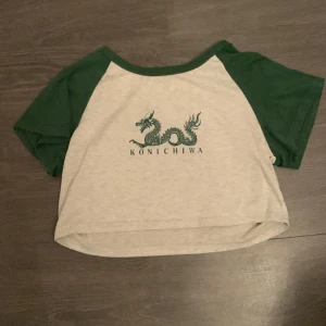 Crop top - Grå croppad topp med gröna axlar och tryck med en drake på. Jätte söt.