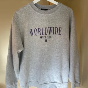 Grå sweatshirt med tryck - Säljer en grå sweatshirt med texten 'WORLDWIDE SINCE 2013' tryckt i lila på framsidan. Tröjan är i ett mjukt och bekvämt material, perfekt för vardagsbruk. Den har långa ärmar och en klassisk rund halsringning. Passar både tjej å kille. Skick 7/10