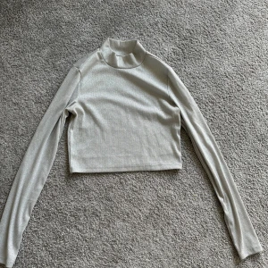 Grå glittrig polotröja från H&M - Säljer en superfin grå polotröja från H&M. Den är glittrig och har en croppad passform som är perfekt för både vardag och fest. Tröjan är långärmad och gjord i ett mjukt, ribbat material som känns skönt mot huden. Perfekt för höst och vinter!