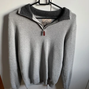 Grå Halfzip från Next Supply - Säljer en stilren grå tröja från Next Supply med dragkedja vid halsen och en mörkare grå krage. Tröjan har långa ärmar och en liten läderdetalj på framsidan. Perfekt för en avslappnad look. Använd 1 gång