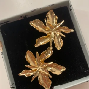 Guldiga blomformade örhängen - Snygga guldiga örhängen i form av blommor. Perfekta för att ge en elegant touch till din outfit. De har en vacker, glänsande yta som fångar ljuset fint.