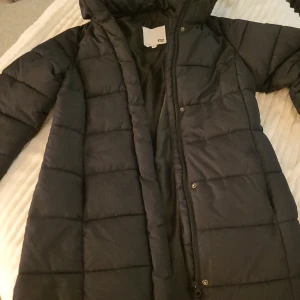 Svartvinterjacka med huva - Säljer en svart jacka med huva, perfekt för kalla dagar. Jackan har en dragkedja framtill och är långärmad. Den quiltade designen ger extra värme och stil. Passar utmärkt för vinter och höst. (Barnstorlek 150)
