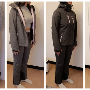 Skidbyxor och skidjacka grå med rosa detaljer - Snygg grå vinterjacka & vinterbyxor med rosa dragkedjor och huva. Perfekt för kalla dagar med sin praktiska design och stilrena look. Jackan har flera fickor och justerbara ärmslut.  Skidbyxor och skidjacka från Swedmount i nyskick. Endast använd dessa 1 gång av min dotter (några timmar).  Storlek m/38  Köptes i januari 2024 för 1700 kr