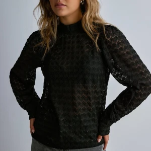 Svart spetsblus - Säljer en elegant svart spetsblus med långärmade ärmar och ett vackert mönster. Blusen har en liten öppning i ryggen som ger en extra detalj. Perfekt för både fest och vardag! 