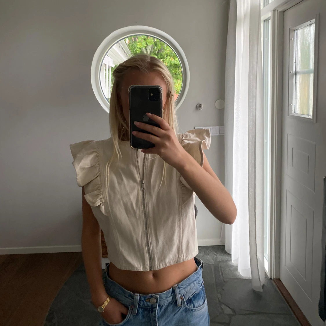 Jeans top med volang  - 92