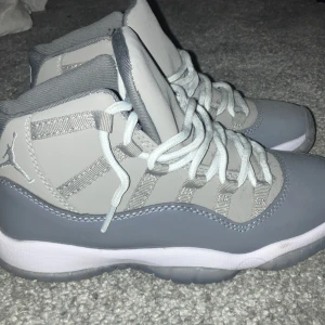 Cool gray Jordan 11 - Säljer ett par grå och vita Cool gray Jordans i mycket bra skick. Skorna har en snygg design med vit snörning och en cool, genomskinlig sula. Perfekta för både vardag och sportiga aktiviteter. Har bara haft på dom en gång men rekommenderar 100%
