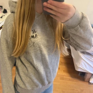 Grå hoodie med tryck - Säljer en grå hoodie från Gina Tricot! Tröjan passar bra till jeans! Den har en luva och ribbade muddar vid ärmslut och nederkant. Tröjan är bekväm och mycket fin!