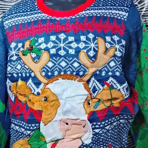 Blå jultröja med renmotiv - Säljer en supermysig blå jultröja med ett stort renmotiv på framsidan. Tröjan har ett klassiskt vintermönster i vitt och rött, och gröna ärmar med röda detaljer. Perfekt för julfesten eller en mysig dag hemma. Den är långärmad och har en skön passform. 🎄