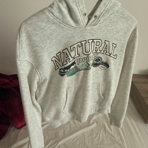Grå hoodie med tryck - Säljer en grå hoodie med texten 'Natural Springs' och grafiskt tryck i grönt och svart. Tröjan har en klassisk känguruficka och ribbade muddar vid ärmslut och nederkant. Perfekt för en avslappnad stil.