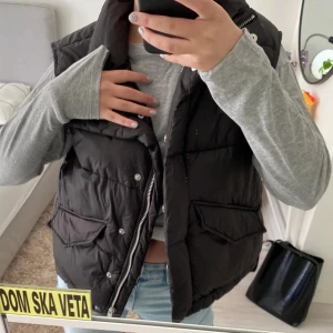 Svart dunväst från H&M - Säljer en svart dunväst från H&M med dragkedja och knappar. Västen har en hög krage och praktiska fickor framtill. Perfekt för kyligare dagar. Bilden är tagen från tjejen jag köpte den av, köptes för 150💕💕