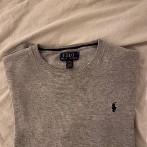 Grå tröja från Ralph Lauren - Säljer en stilren grå tröja från Ralph Lauren med rund halsringning och det klassiska logotypbroderiet på bröstet. Perfekt för en avslappnad och snygg look.           Storlek-12-14år