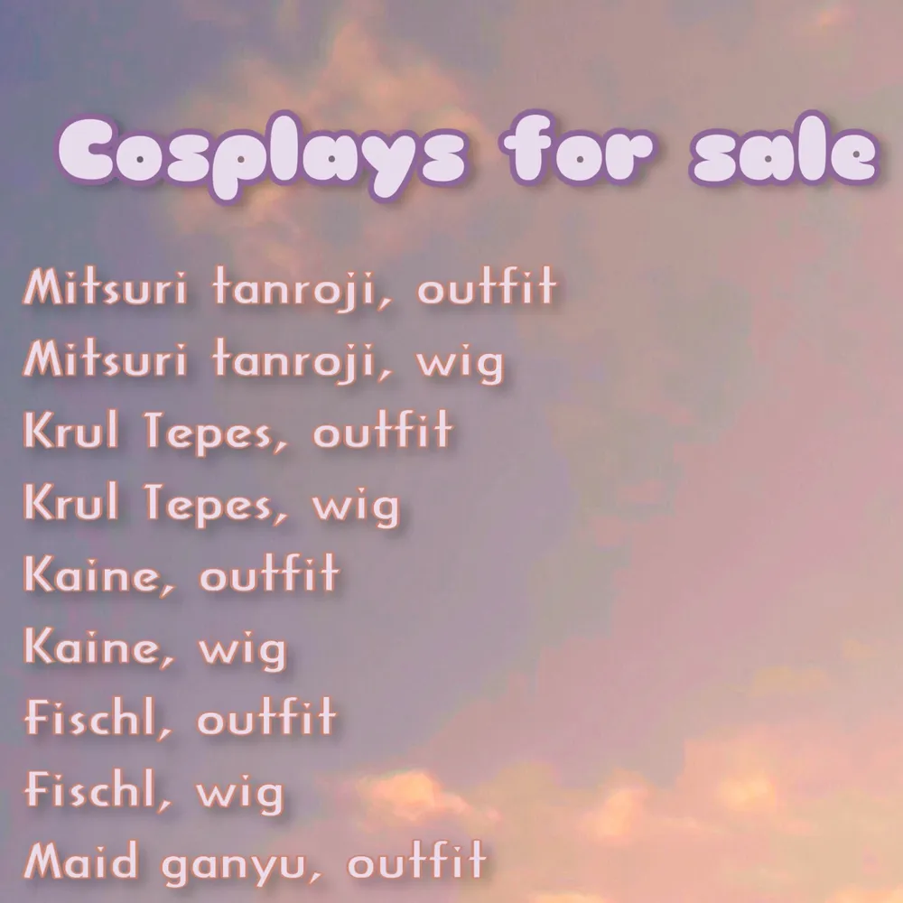 A list of cosplays for sale! If you want more pictures, have questions or are interested in the cosplays please contact me!!  ❤️❤️. Övrigt.