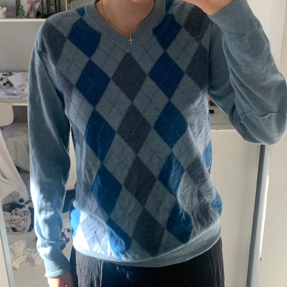 Stickad rutig blå tröja - 90