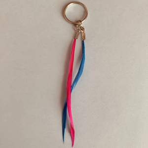 En nyckelring med en blå och en rosa tunn fjäder✨🪶(smycke/fjäder på ca 9cm) 65kr + 15kr frakt!! {2X I LAGER}
