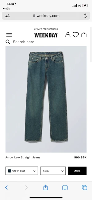 Weekday Arrow - Raka mid waist jeans. Går till marken är 167. Har typ en grön/vintage ton. Nypris 599kr
