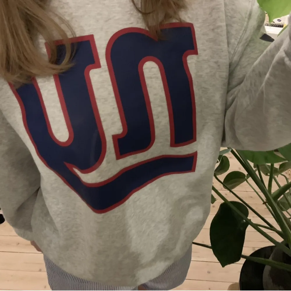Grå sweatshirt med blått och rött tryck!  Från H&M köpte den för 200kr säljer nu för 65 plus frakt 🚚 . Hoodies.