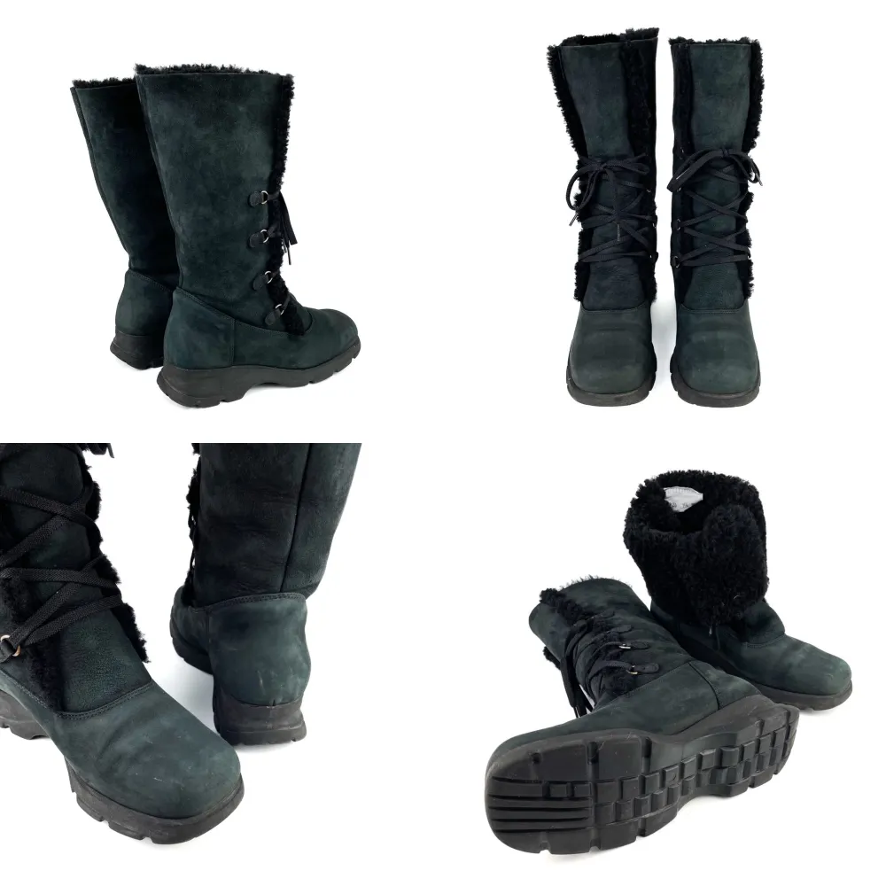 Vintage Y2K 90s 00s LA CANADIENNE real leather shearling-shaft suede mid calf square toe wedge boots in off black / deep gray. Size: label 9,5 US (40,5 EU), they run a bit small, between 39,5 - 40. Ask for full description. No returns. . Skor.