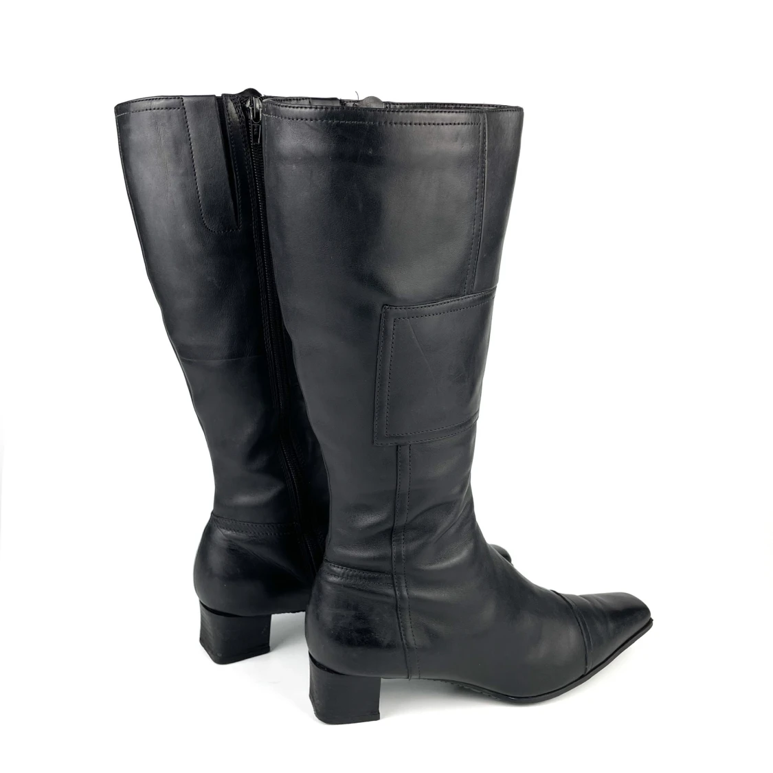 Vintage Y2K 90s 00s ECCO real leather narrow square toe block heel knee high boots in black size 38 EU - 90
