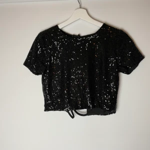 Glittrig festtop  - Svart glittrig top med öppen rygg, perfekt till fest. Croppad modell. Använd 1 gång. Köparen står för frakten