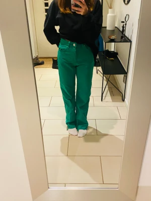 Gröna jeans - Ett par gröna jeans som har trådiga änder