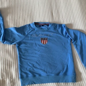 Blå tröja från GANT - En mellanblå tröja från Gant utan luva i storlek 158-164. Sitter som en stor xs-s. Fler bilder kan skickas vid intresse. Kan mötas upp i Skåne eller fraktas men då står köparen för frakten. Nytvättad med parfymfritt tvättmedel i ett rök-och djurfritt hem.