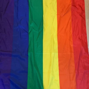 Pride flagga 150 cm  - En pride flagga som jag har hängt på min väg den e lite sönder vid vänstra sidan men annars är den i bra skick den kommer inte till använding och Därför säljer jag den!