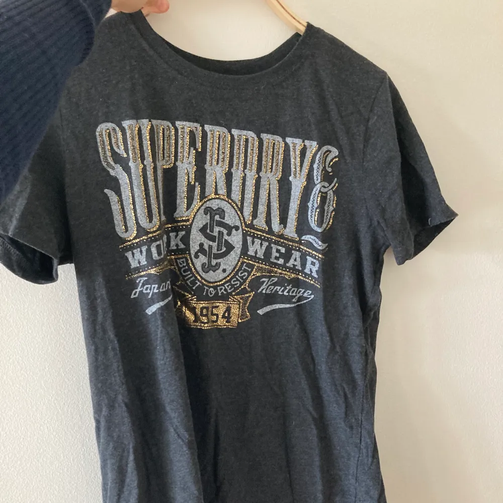 Säljer denna jättefina tshirt med tryck från superdry! Guldet på trycket är metalliskt o texten ljusgrå/blå Jätteskönt material och aldrig använd!!🥰 (Nypris 340kr). T-shirts.