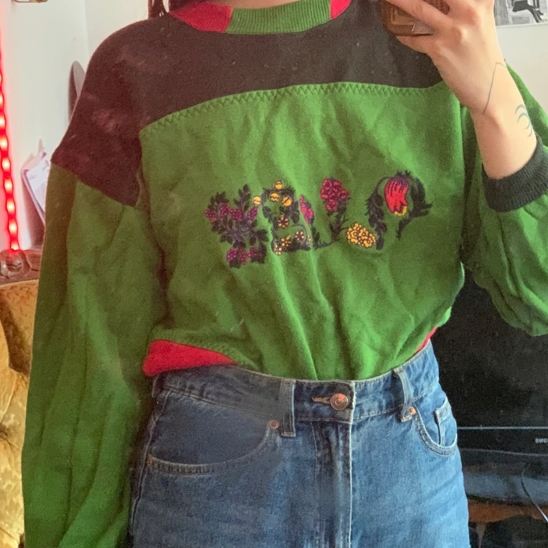 Vintage grön blommig sweatshirt