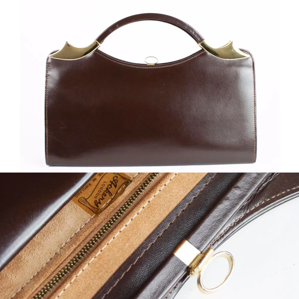 Vintage 60s classic real leather top handle handbag in deep brown. Barely visible signs of wear, minor scratches and marks, nothing major. Height: 19 cm, Width: 33.5 cm, Depth: 6.5 cm. No returns.. Väskor.