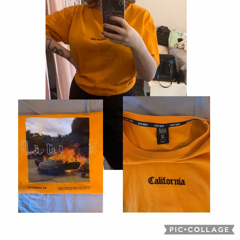 Orange T-shirt med tryck på ryggen. Nästan inte använd alls. Köpte den i XL då jag ville ha den lite oversize, den sitter alltså väldigt pösigt på mig som oftast använder M på tröjor. . T-shirts.