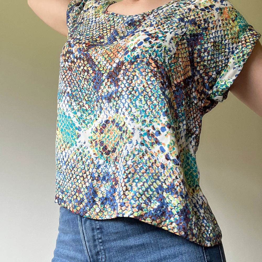 Multicolor top, loose fit, pattern like fish/snake colors blue/green/white. Very comfortable and nice to wear on the summer with shorts or jeans and winter with black leather leggings. Bought it in USA and it is still in good condition.. Toppar.