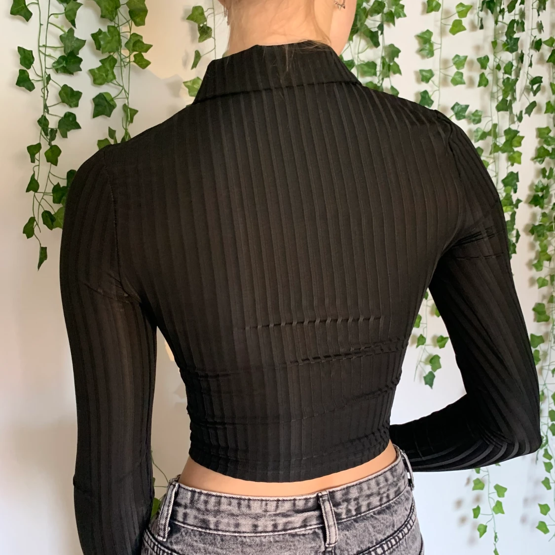 Ribbad långärmad tröja med Zip-up - 91