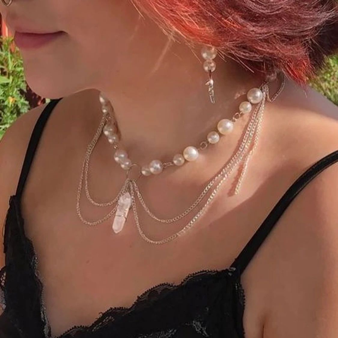 Pärlhalsband med rosenkvarts  - 91