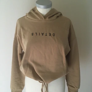 Beige hoddie  - En brun/beige hoodie med snörning i midjan istället för i luvan. Det står ”details” upp och ner. När man knyter snörena blir den mer corppad och visar figuren mer. Mjukt material och eftersom tröjan inte används så mycket är luddet inuti mycket mjuka fortfarande. 