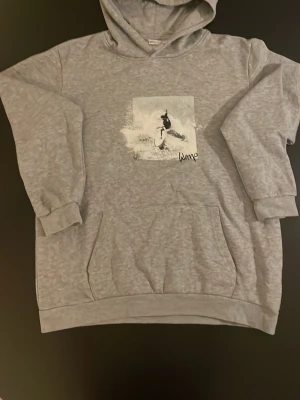 Grå hoodie med surftryck från Warp - Snygg grå hoodie från Warp med ett coolt svartvitt surfmotiv på bröstet och känguruficka framtill. Hoodien har huva och ribbade muddar vid ärmslut och nederkant. Perfekt för en avslappnad streetstil.