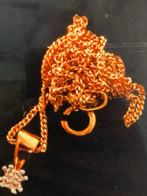 Guldhalsband med snöflingeberlock - Snyggt halsband i guld 18 karat med en snöflingeformad berlock dekorerad med små diamanter. Kedjan är tunn och elegant, perfekt för att ge en extra touch till din outfit. Låset är klassiskt och lätt att använda. Låset är sönder , men går säkert fixa av någon som är duktig på sådant. 