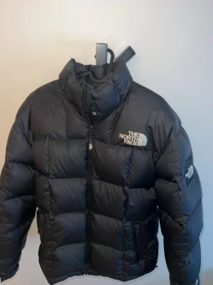 Svart pufferjacka från The North Face - Säljer en svart pufferjacka från The North Face med hög krage och dragkedja framtill. Jackan har tydliga quiltade sektioner, logga på bröstet och ärmen samt 700-brodyr vid ärmslutet. Perfekt för kalla vinterdagar och riktigt stilren.