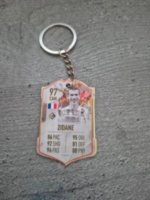 Nyckelring med Zidane FIFA-kort - Säljer en unik nyckelring med motiv av Zidane från FIFA Ultimate Team. Nyckelringen har en rektangulär form med rundade hörn och visar stats och bild på Zidane. Färgerna är främst vit, guld och lite rött. Perfekt accessoar för fotbollsälskare.
