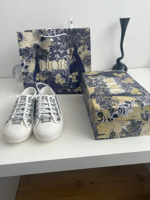 Dior Oblique låga sneakers - Säljer ett par snygga Dior Oblique sneakers i vitt och grått med tydlig logga på sidan och tån. Skorna har klassisk låg siluett, vita snören och canvasmaterial med exklusiv känsla. Perfekta för dig som vill sticka ut med lyxig streetstyle.