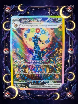 Umbreon EX Pokémonkort Proxy - Säljer ett färgglatt Umbreon EX Pokémonkort med holografisk yta och unikt mönster. Kortet har 280 HP och attacker som Moon Mirage och Onyx. Detta är en proxy, perfekt för samlare eller casual spel. Säljer bara kortet ingen frame