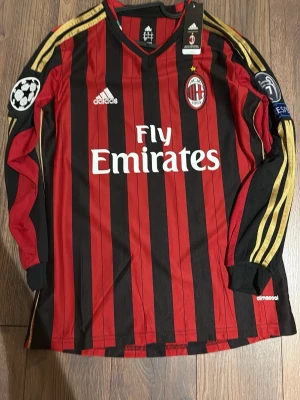 AC Milan långärmad matchtröja Kaka - Säljer en långärmad AC Milan matchtröja från Adidas med Kaka och nummer 22 på ryggen. Tröjan är röd och svart med smala ränder, guldiga detaljer på ärmarna och officiella klubbmärken samt Champions League- och respektmärken på ärmarna. Materialet är funktionspolyester.