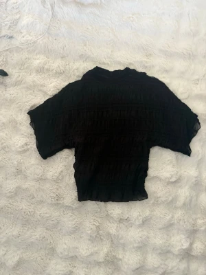 Svart transparent topp med volangdetaljer - Säljer en svart transparent topp med volangdetaljer och korta, vida ärmar. Toppen har en lätt croppad passform och är tillverkad i ett tunt, luftigt material som ger en cool look. Perfekt att styla med jeans eller kjol.