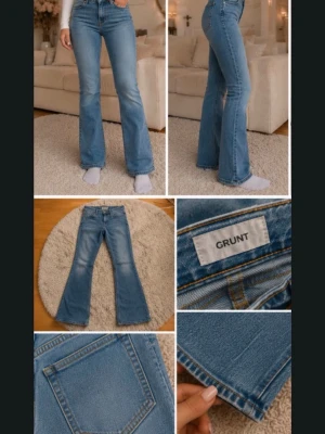 Blå bootcut jeans från Grunt - Säljer ett par ljusblå bootcut jeans från Grunt. Jeansen har klassisk femficksmodell, låg midja och utsvängda ben. Materialet är denim i bomull och de har snygga söm- och fickdetaljer. Perfekta för en trendig och avslappnad look. På vänster sida är den lite sönder där man stoppar igenom skärp.