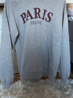 Grå hoodie med PARIS-tryck - Säljer en grå hoodie med texten PARIS FRANCE i vinrött och svart på bröstet. Hoodien har huva, långa ärmar och ribbade muddar vid ärmslut och nederkant. Tillverkad i mjukt sweatshirtmaterial, perfekt för en chill och avslappnad stil.