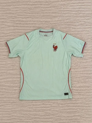 Ljusgrön fotbollströja Frankrike - Snygg ljusgrön fotbollströja med röda detaljer och broderad tupp med två stjärnor på bröstet. Tröjan har korta ärmar och rund hals med röd och svart rand. Perfekt för träning eller match.