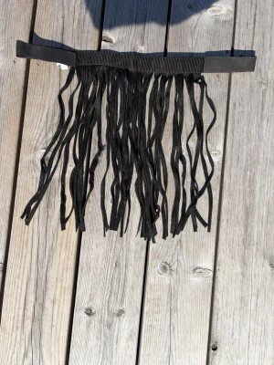 Svart flugpannband pony - Svart flugpannband med långa fransar i nylon som skyddar hästens huvud mot insekter. Kommer från Hööks. Fästs enkelt med kardborre runt grimman eller tränset. En ”frans” har fastnat i kardborren så att trådarna har gått upp, men inget som påverkar användningen.