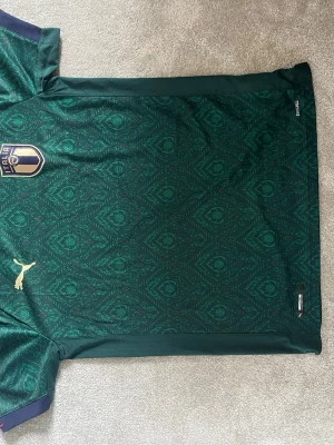 Grön Italien fotbollströja Puma - Snygg grön fotbollströja från Puma med Italiens landslagsemblem i guld och tre stjärnor på bröstet. Tröjan har ett unikt mönster över hela tyget, guldigt Puma-logga och mörkblå krage. Perfekt för dig som älskar fotboll och vill sticka ut på planen.