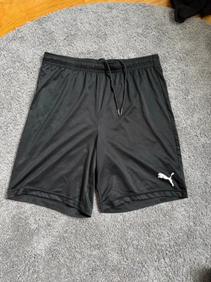 Svarta träningsshorts från Puma - Snygga svarta träningsshorts från Puma med klassisk logga i vitt på vänster ben. Shortsen har elastisk midja med snörning och är gjorda i ett lätt och svalt syntetmaterial som passar perfekt till träning.